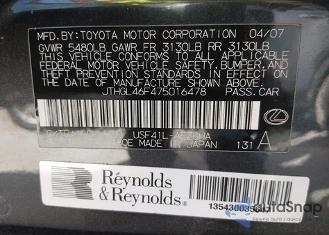 2007 Lexus Ls 460 L z USA, uszkodzony, nr VIN JTHGL46F475016478